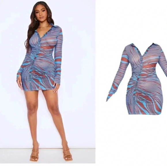 Pretty Little Things Womens Sheer Assymetrical Striped Shirt Dress - Picture 2 of 9